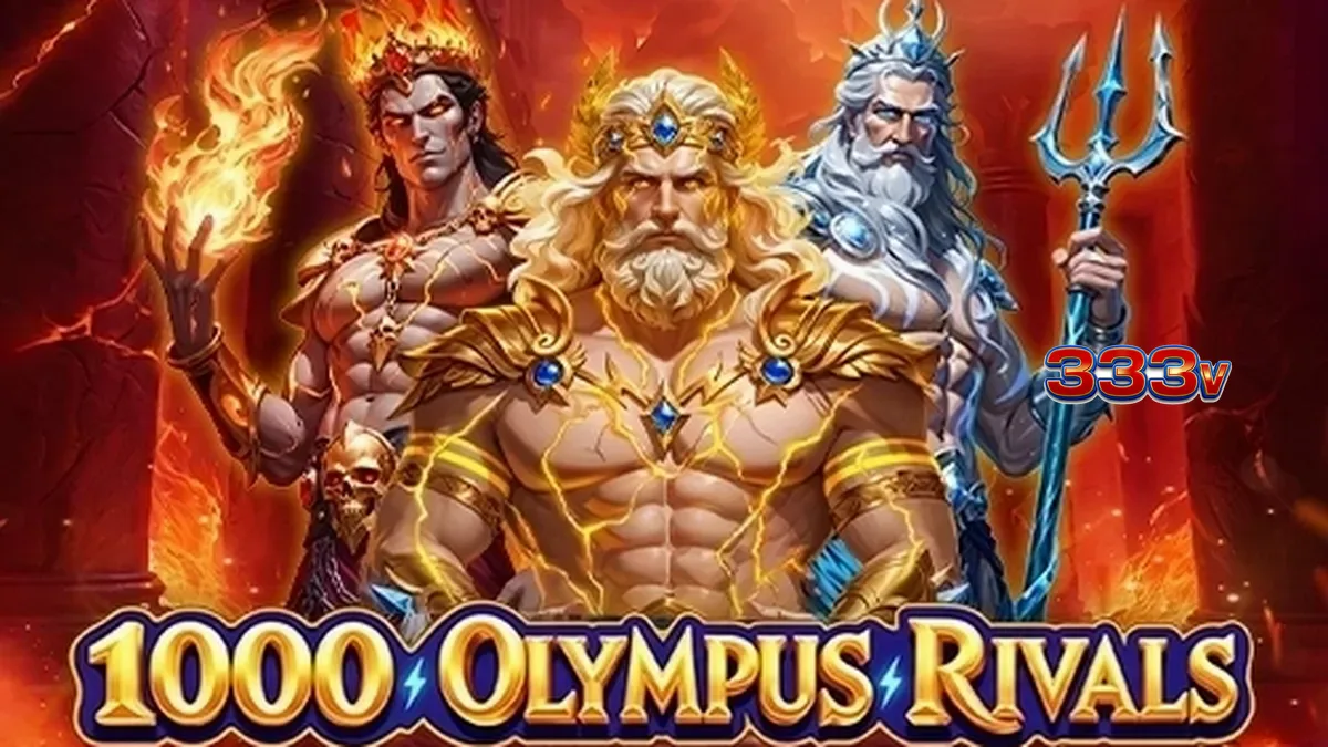 Tampilan antarmuka permainan slot 1000 Olympus Rivals dengan latar belakang mitologi.
