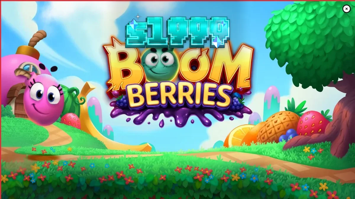 Tampilan visual slot Boomberries dengan tema desa dongeng dan buah-buahan